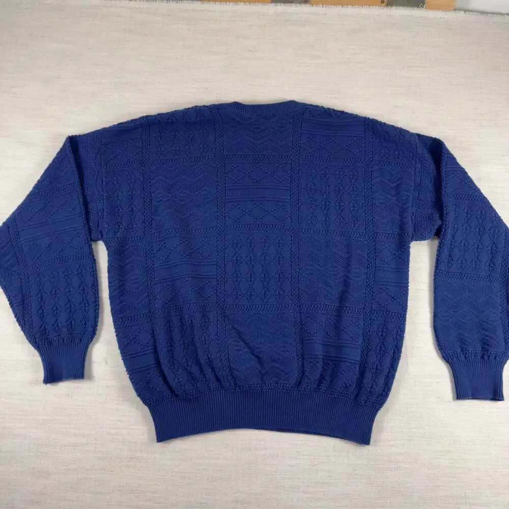 Vintage Claiborne Blue Textured Patchwork Knit Cotton Sweater Made in‎ USA
